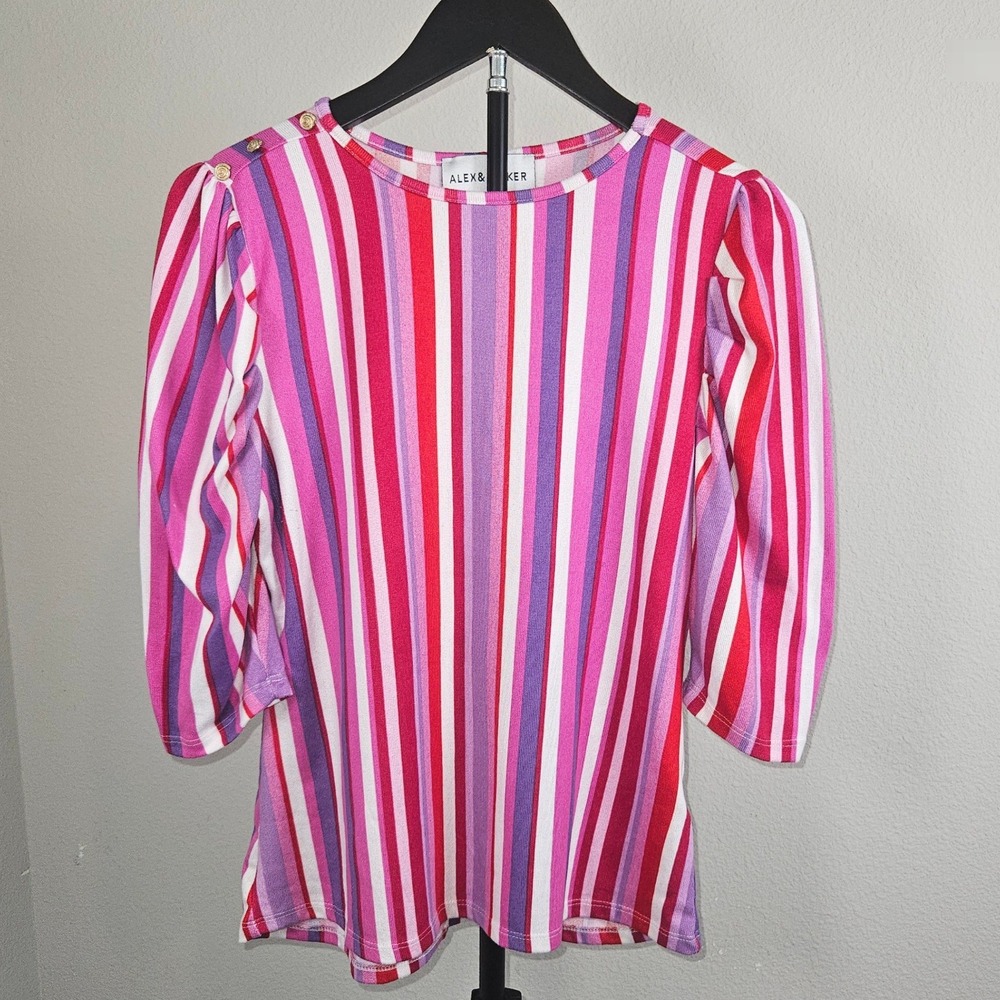 Alex & Parker Striped Top Women S Pink Red Puff Sleeve Gold‎ Button Mod Chic